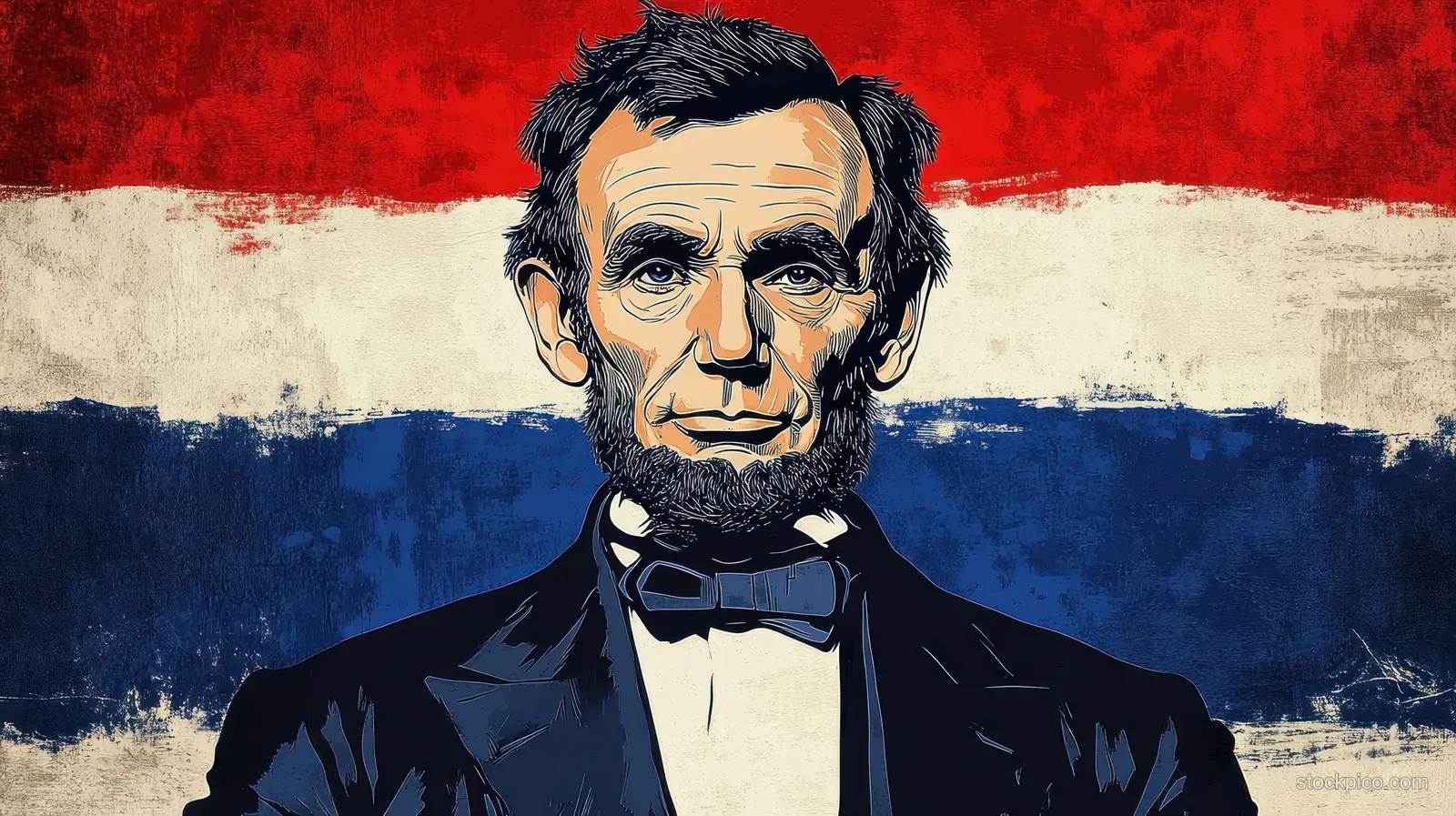 A serious bearded man in a bow tie and dark jacket is illustrated against textured red, white, and blue stripes.
