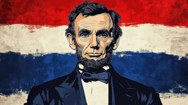 A serious bearded man in a bow tie and dark jacket is illustrated against textured red, white, and blue stripes.