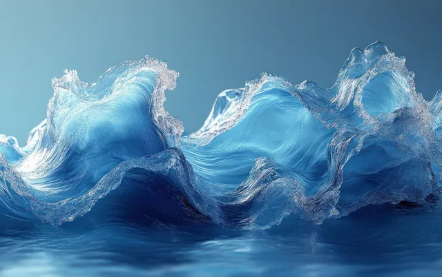 Blue liquid wave crest rolls across a reflective surface with airy, icy filaments