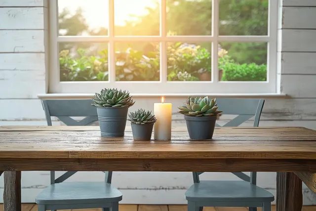 Rustic wooden dining table with potted succulents and a candle in front of a bright window with green plants outside.