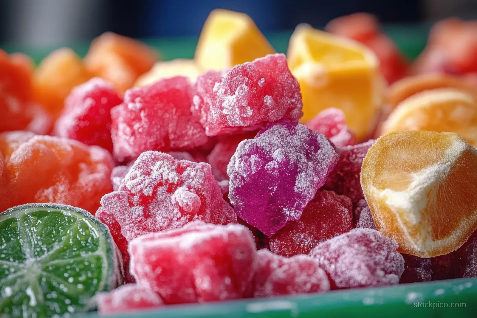 Chewy palm sugar dodol candies in yellow, red, and green pieces dusted with sugar crystals in a market tray.