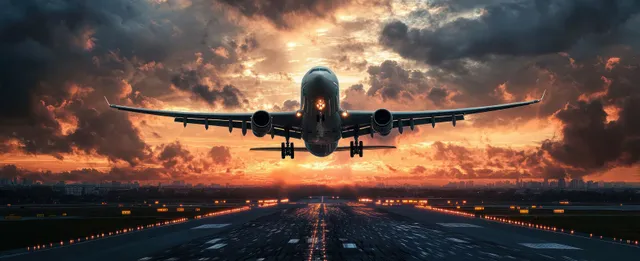 Commercial jet taking off at sunset, runway lights glowing beneath a dramatic orange-purple sky