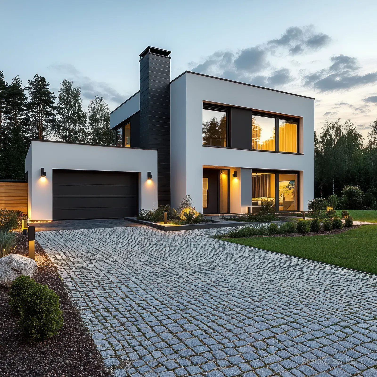 Modern geometric house at dusk with warm window lights and a cobblestone driveway bordered by trimmed shrubs.