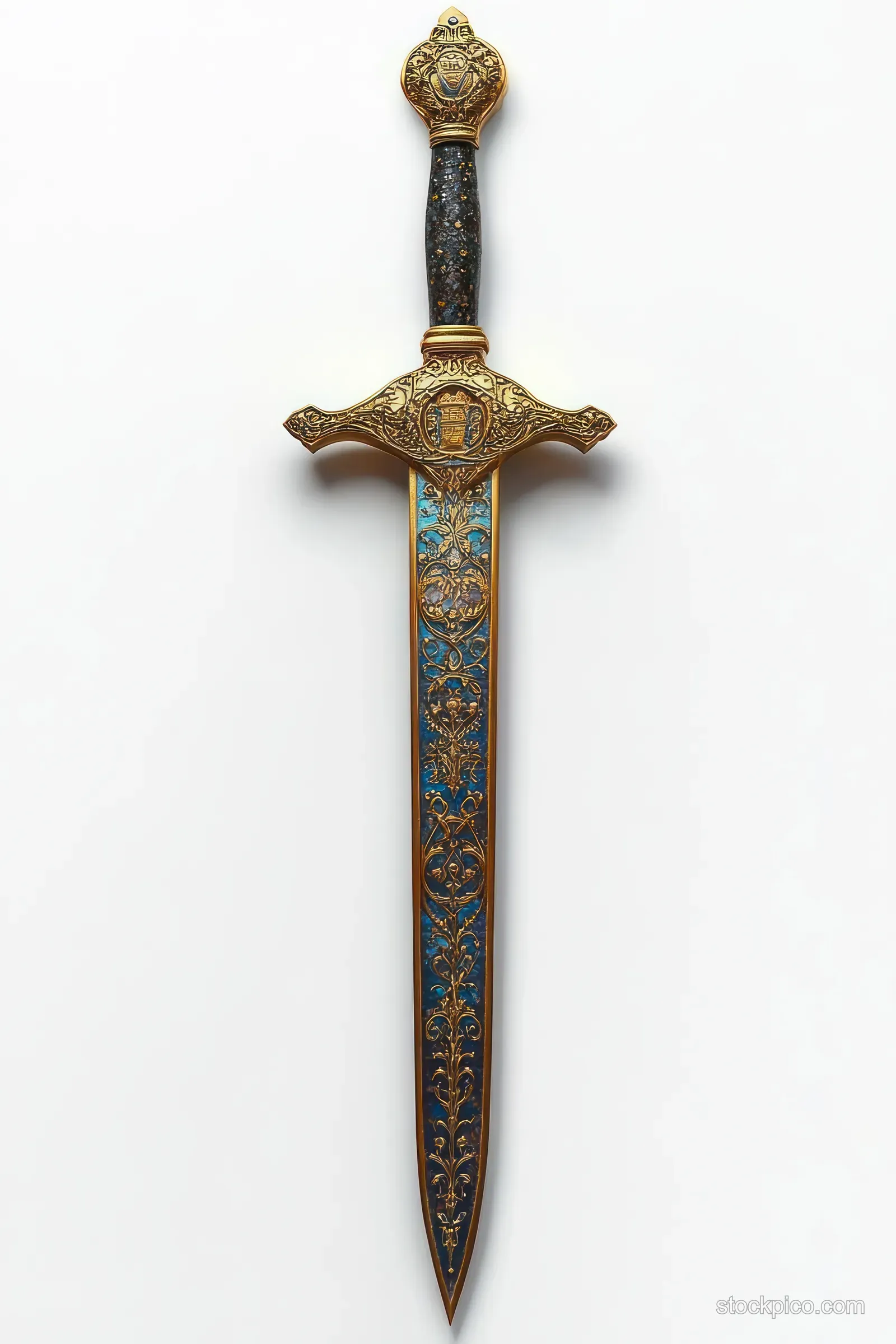 Ornate gold and blue ceremonial sword upright on a white background with floral patterns on the hilt.