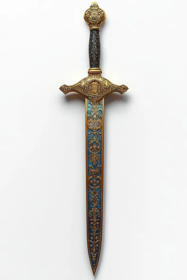 Ornate gold and blue ceremonial sword upright on a white background with floral patterns on the hilt.