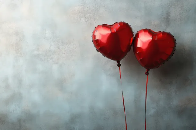 Two red heart-shaped balloons on strings against a textured gray concrete wall.