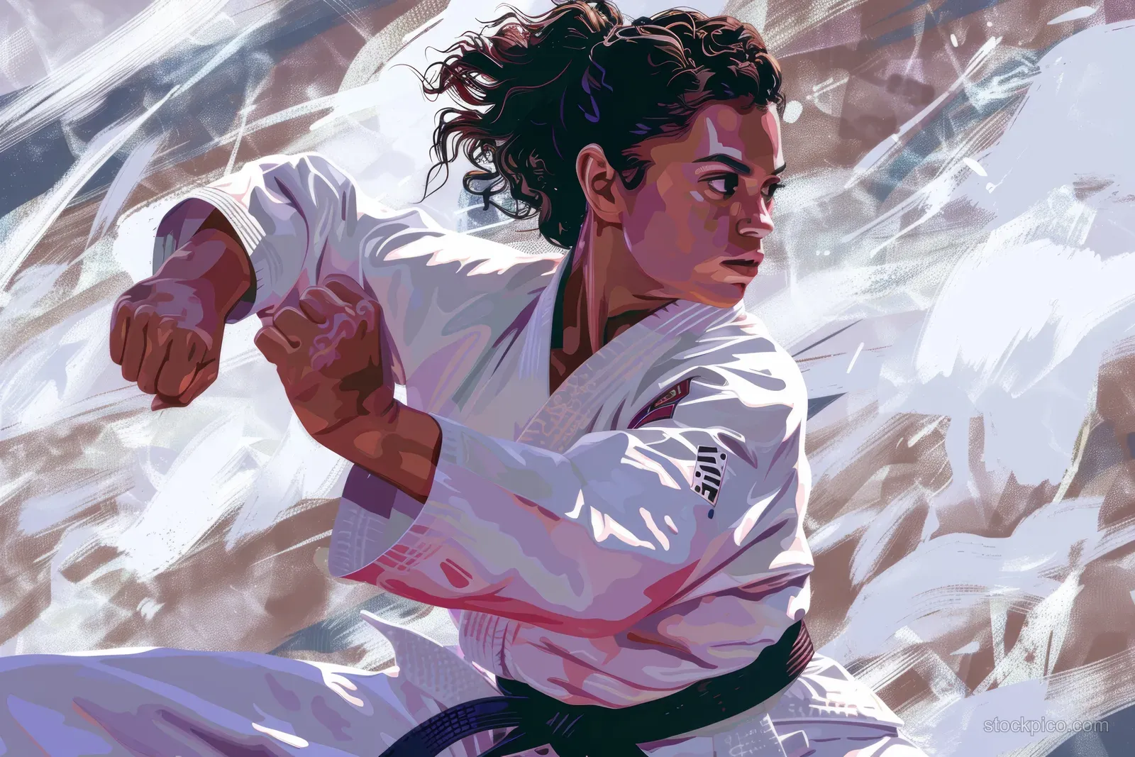 Spanish female karate athlete in white gi throws a punch during women’s 55 kg kumite with motion blur effects.