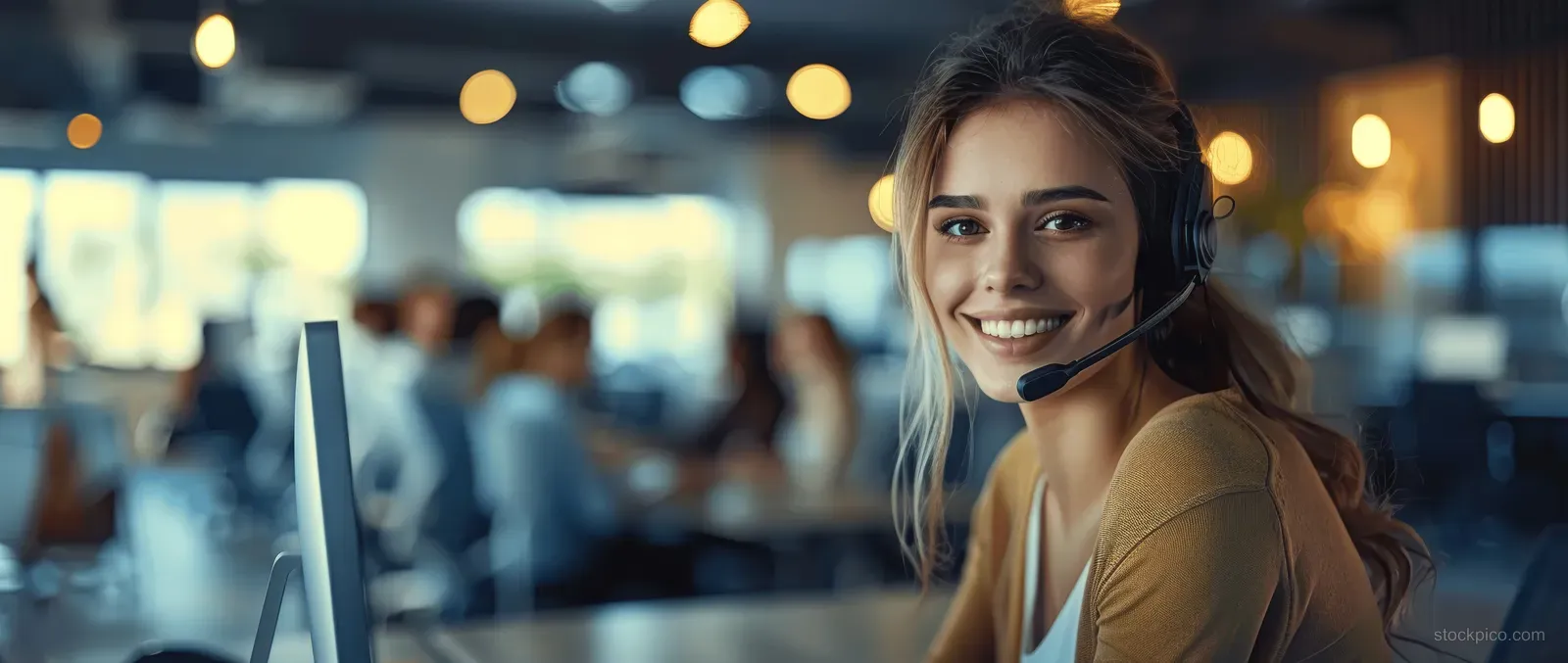 Smiling woman call center agent wearing a headset working at a laptop in a warm-lit office with blurred teammates behind.