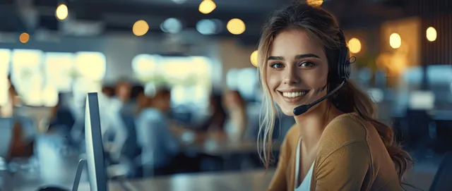 Smiling call center agent wearing headset speaking while working at computer in warm-lit office