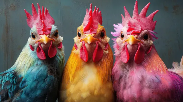 Three brightly colored roosters with red combs stand close together facing the camera against a muted wall background.