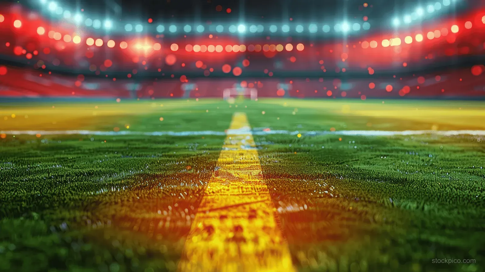 Neon fog and stadium lights illuminate a soccer field with blurred fans in the dark stands.