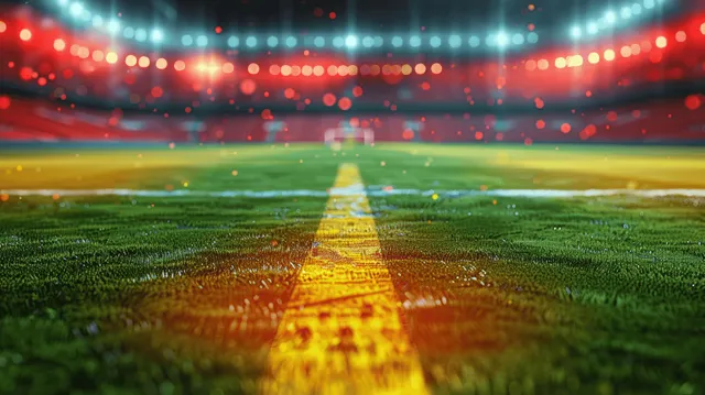 Neon fog and stadium lights illuminate a soccer field with blurred fans in the dark stands.
