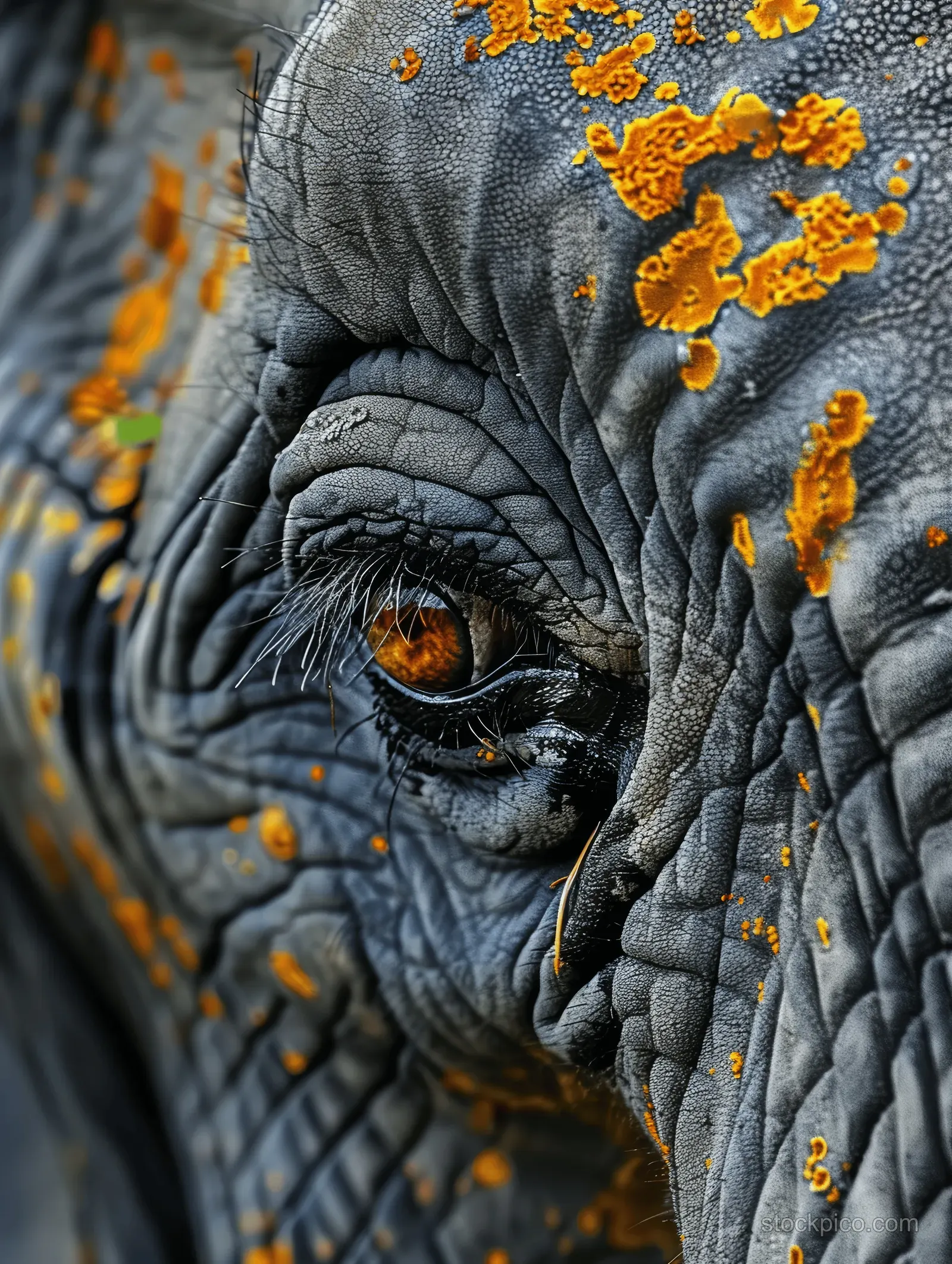 Close-up elephant eye showing wrinkled skin and orange lichen patches.