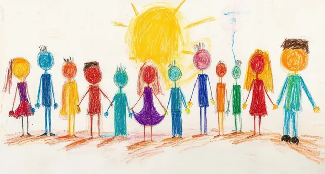 Colorful stick-figure friends stand together in a hand-drawn community scene
