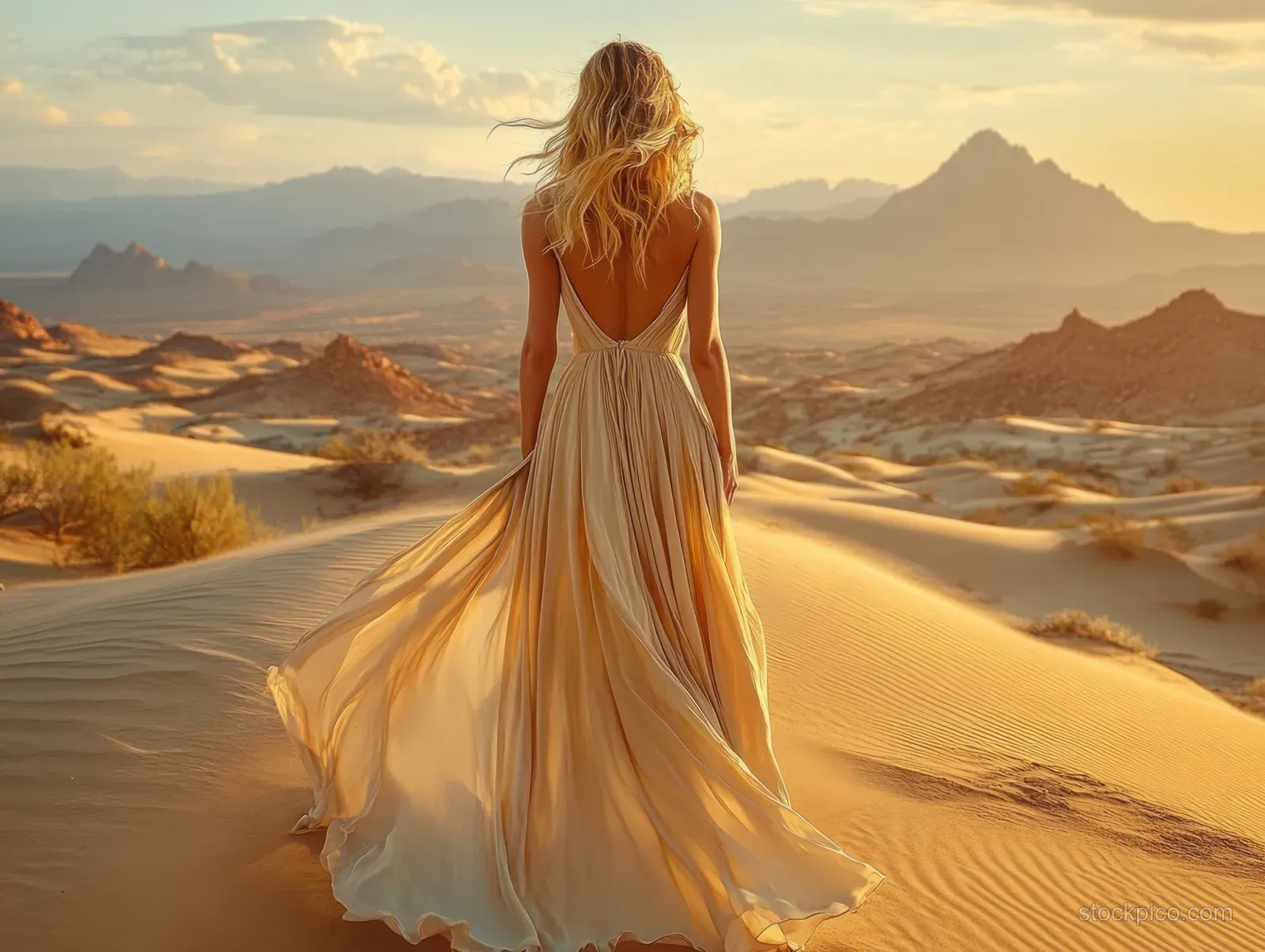 Woman in a flowing beige dress walks alone across golden sand dunes at sunset with mountains and clouds behind.