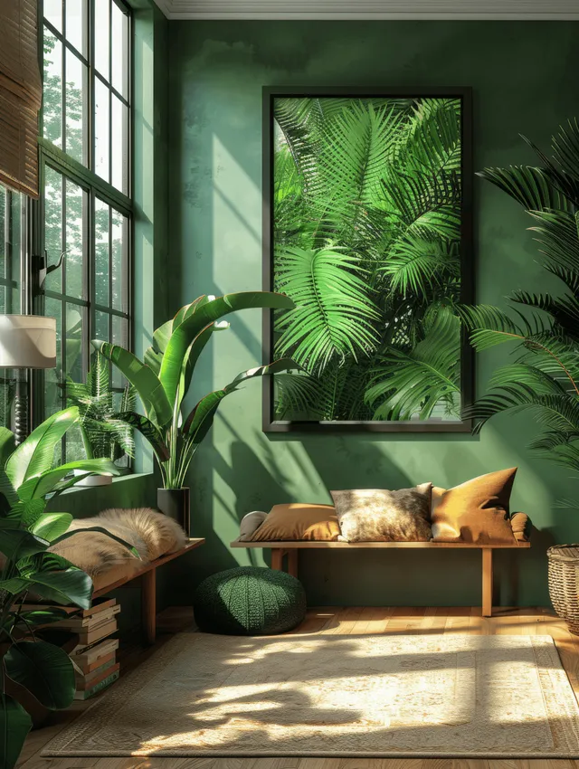 Black framed poster with green palm leaves above a wooden bench in a sunlit indoor room with plants.