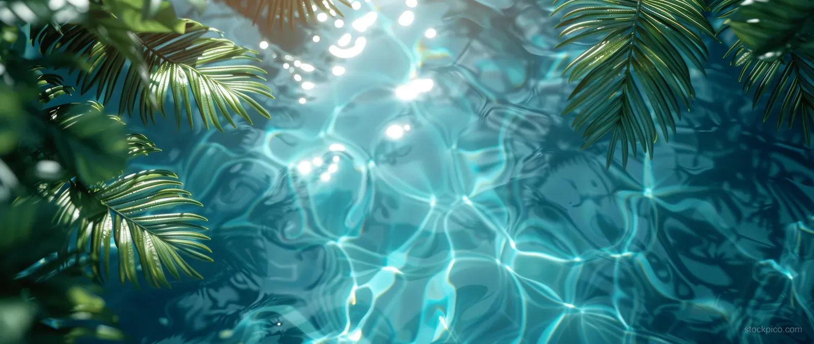 Palm leaves cast shadows over rippling blue water with bright sun reflections.