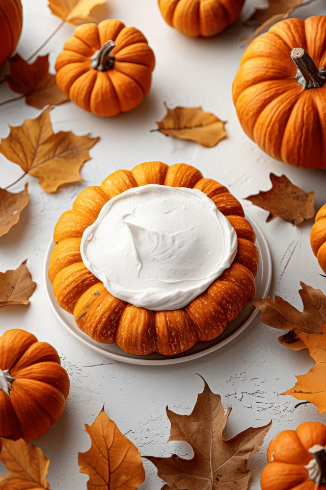 Orange pumpkins and maple leaves surround a small white candle in a top-down autumn arrangement.
