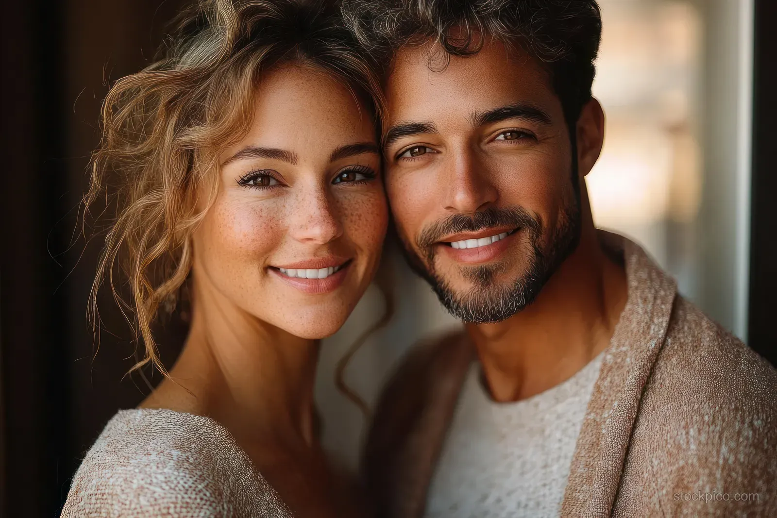 A smiling couple embraces closely in warm morning light with a softly blurred background.