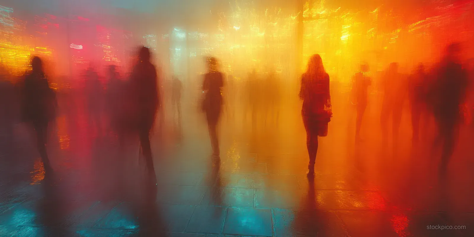 Blurred figures of people mingle at an office party with warm lighting and colorful bokeh in the background.
