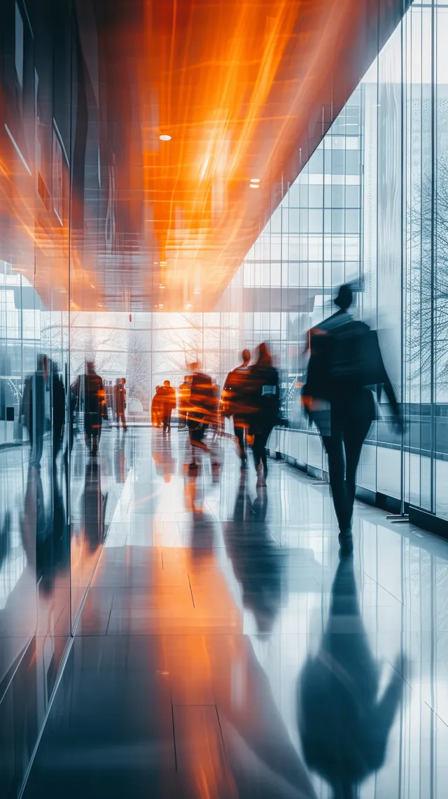 Motion-blurred employees walk through a bright modern office corridor with orange light streaks and glass walls.