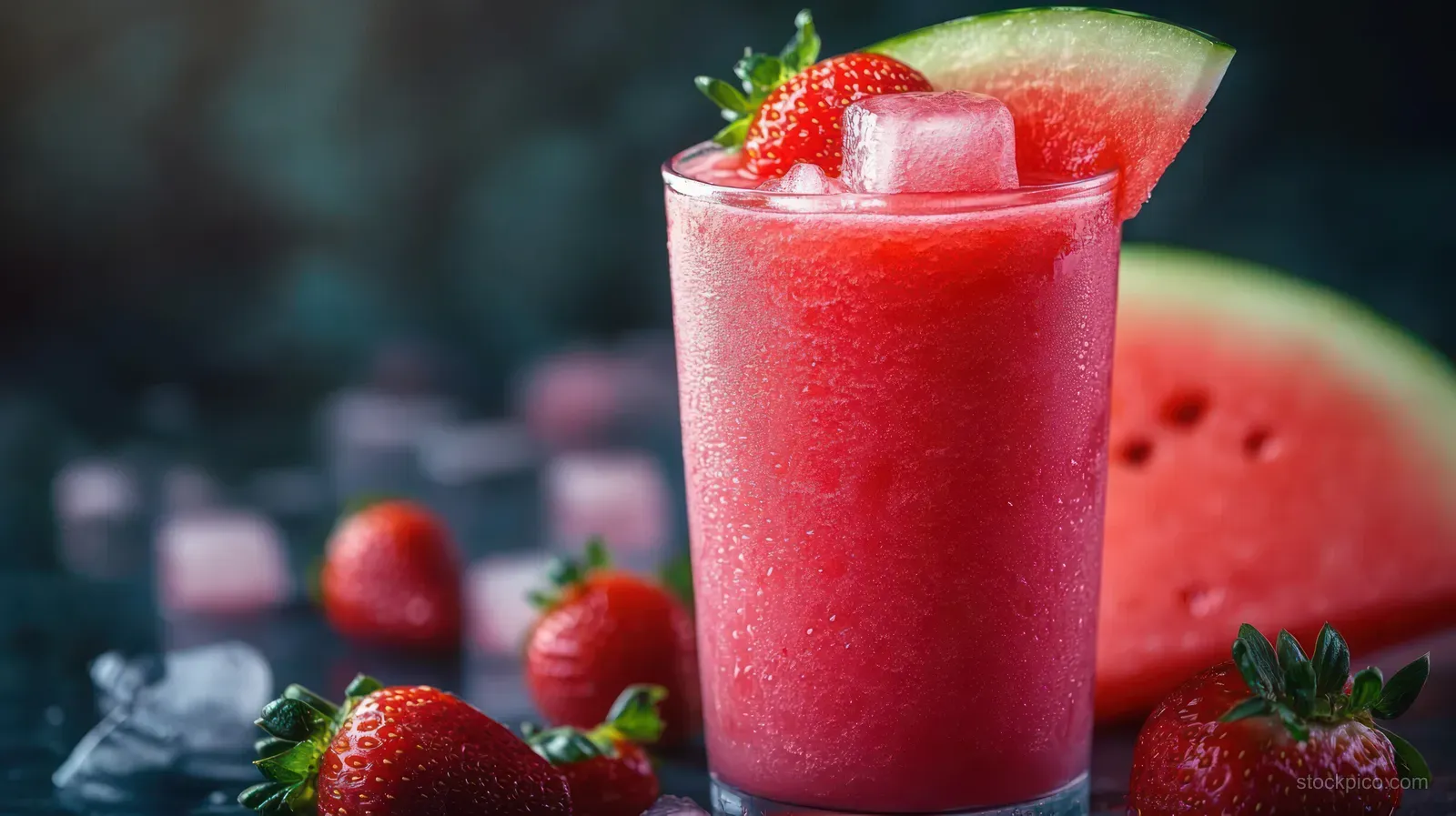 A frosted glass of watermelon and strawberry smoothie with ice cubes and fresh strawberry and watermelon garnishes on a dark background.