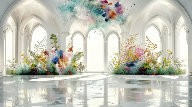 Sunlit Marble Hall with Arched Windows and Floral Accents
