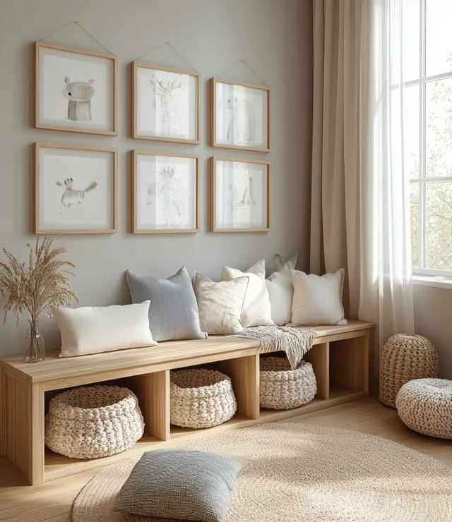 Scandinavian children’s room with wooden storage bench, pastel pillows, woven baskets, and framed wall art by a window.