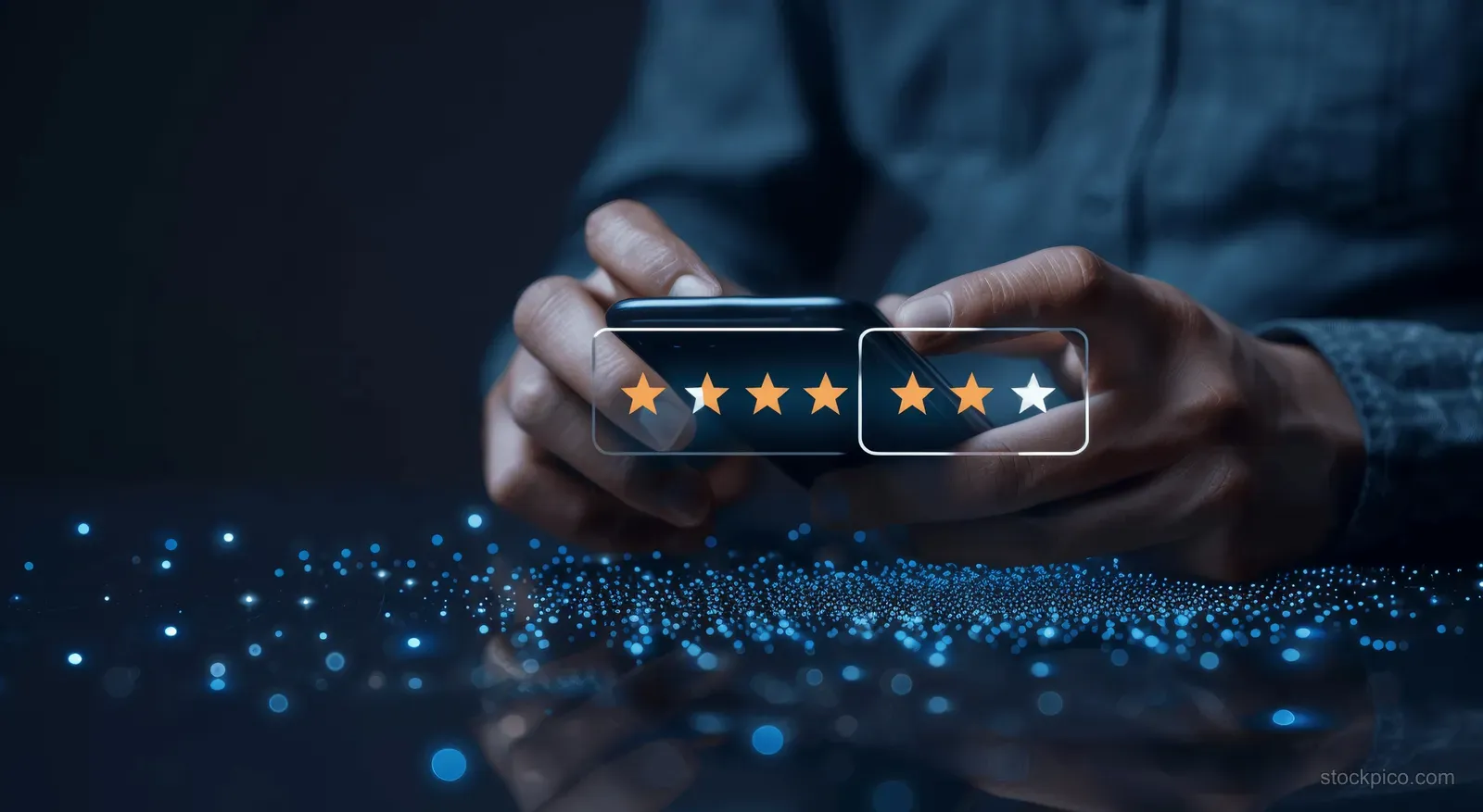 Businessperson holds a smartphone while five-star rating icons appear on the screen against a dark blue glowing background.