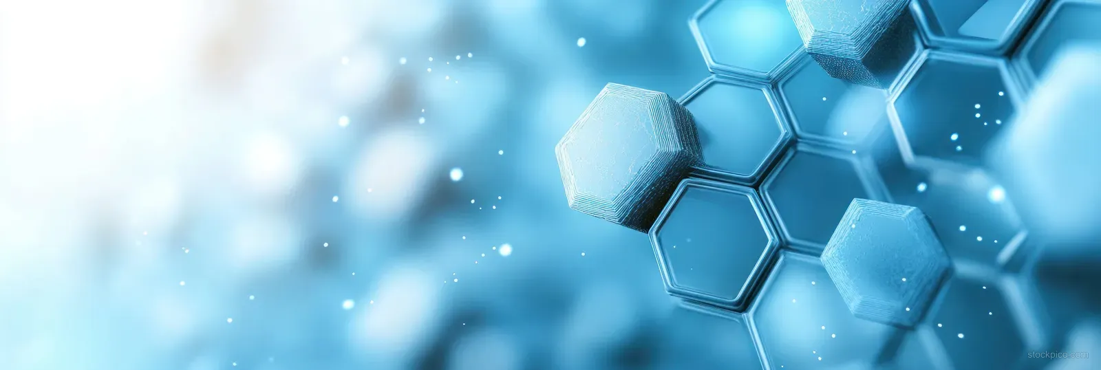 Glowing hexagonal pattern on a soft blue abstract backdrop with subtle network-like connections.
