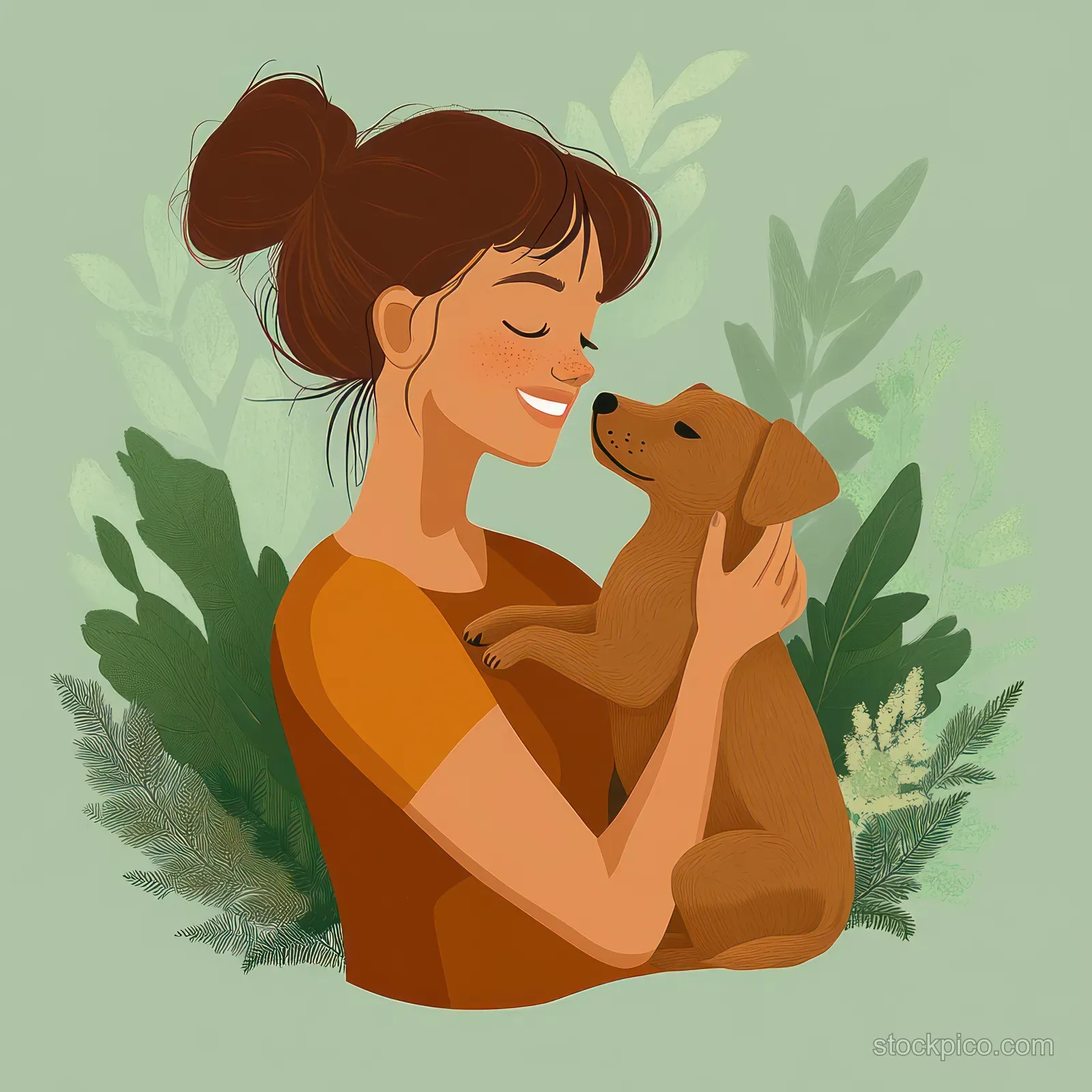 A young woman smiles warmly while cuddling a small brown puppy against a lush green background.
