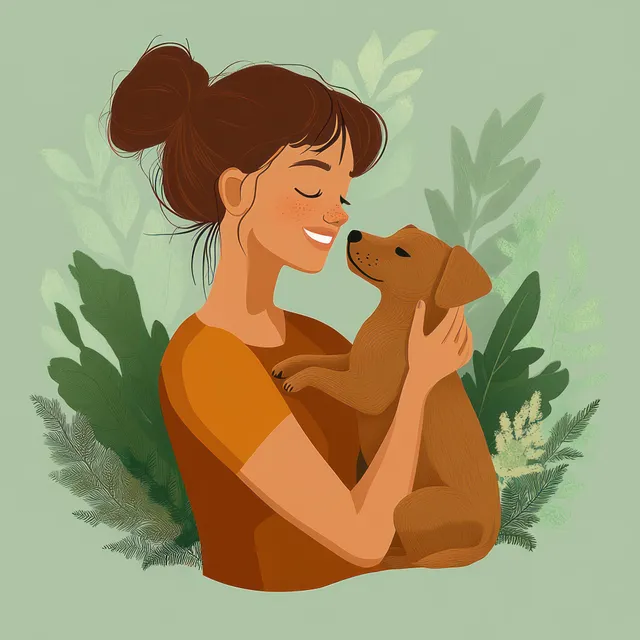 A young woman smiles warmly while cuddling a small brown puppy against a lush green background.