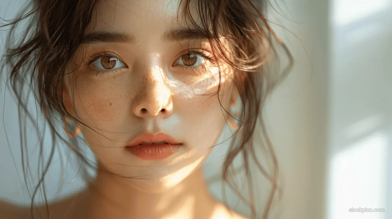 Freckled young woman with wavy hair shown in close-up, softly lit by warm sunlight.