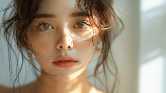Close-up portrait of a freckled woman with wavy hair in warm sunlight with Shoulders Not Visible