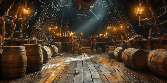 Candlelit wooden ship cabin with barrel-lined aisle, ropes overhead, and benches and tables in the shadows.