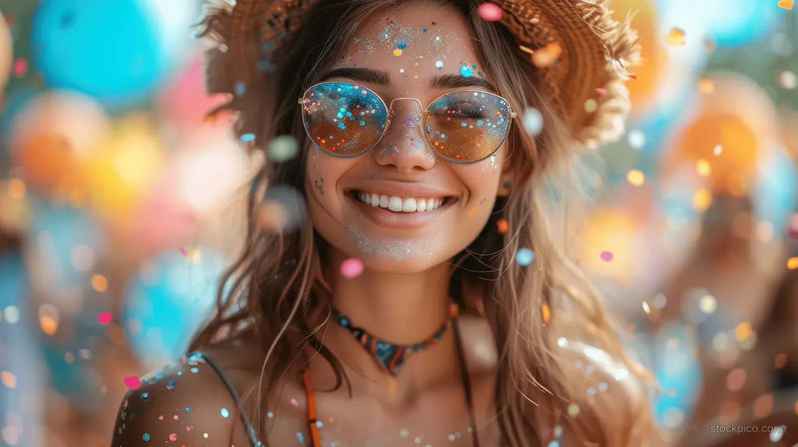 Smiling woman in a wheelchair throws confetti at an outdoor festival with colorful lights behind her.