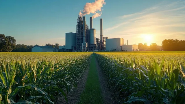 Factory chimneys vent smoke over a green cornfield at sunset, sun rays illuminating dust