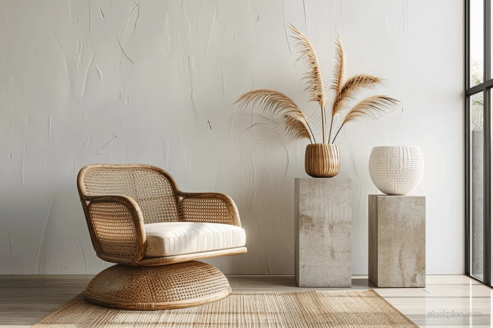 Rattan armchair and white concrete-style lamp forms in a minimalist living room with textured walls.