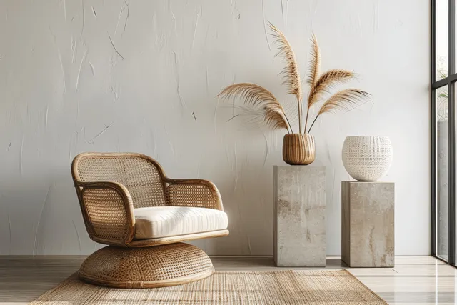 Rattan armchair and white concrete-style lamp forms in a minimalist living room with textured walls.
