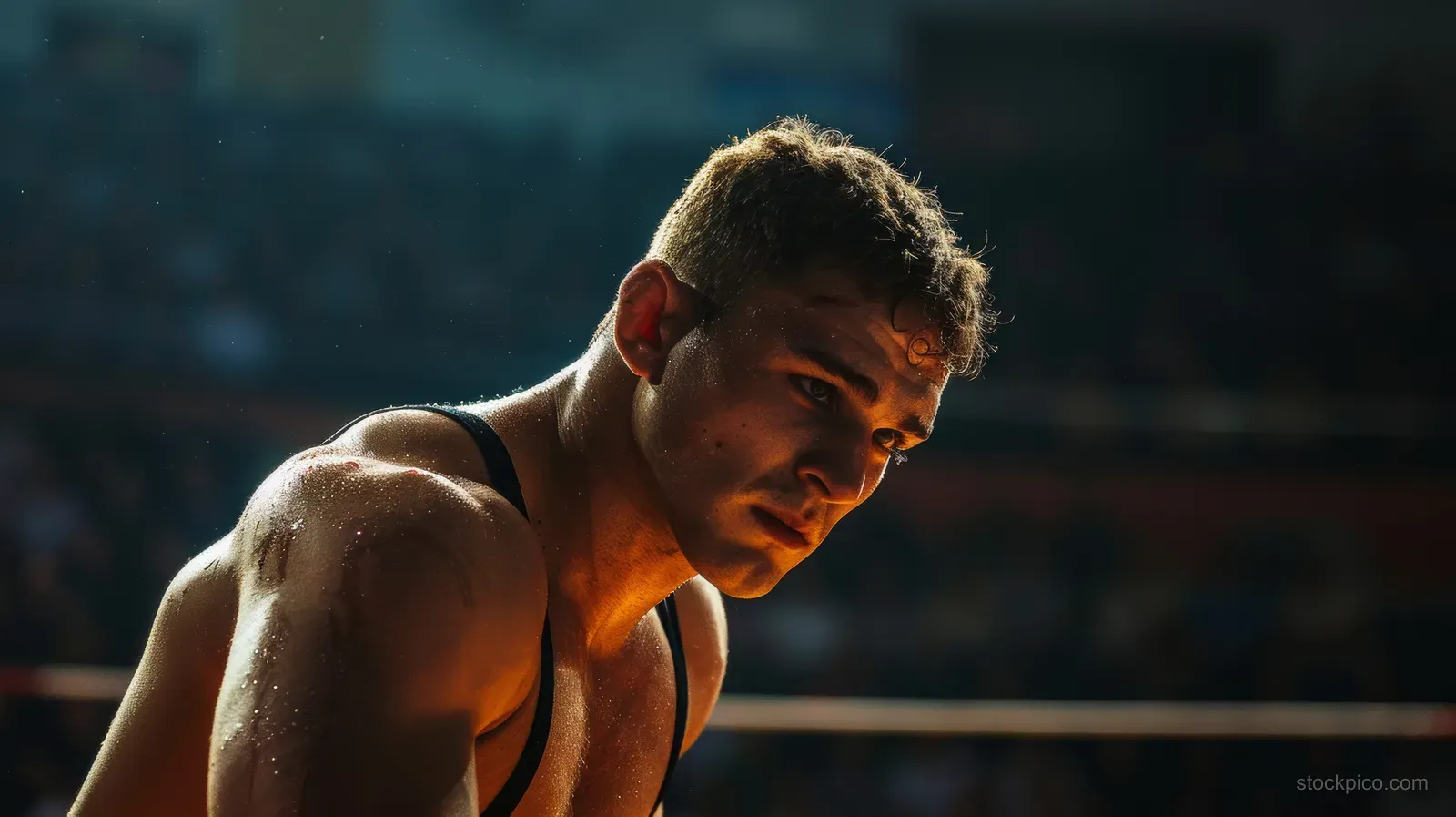 A Greco-Roman wrestler clinches in an arena, sweat visible under dramatic lights.