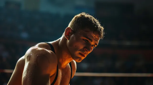 A Greco-Roman wrestler clinches in an arena, sweat visible under dramatic lights.