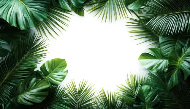 Green tropical palm leaves surround a bright white empty background in a leaf frame.