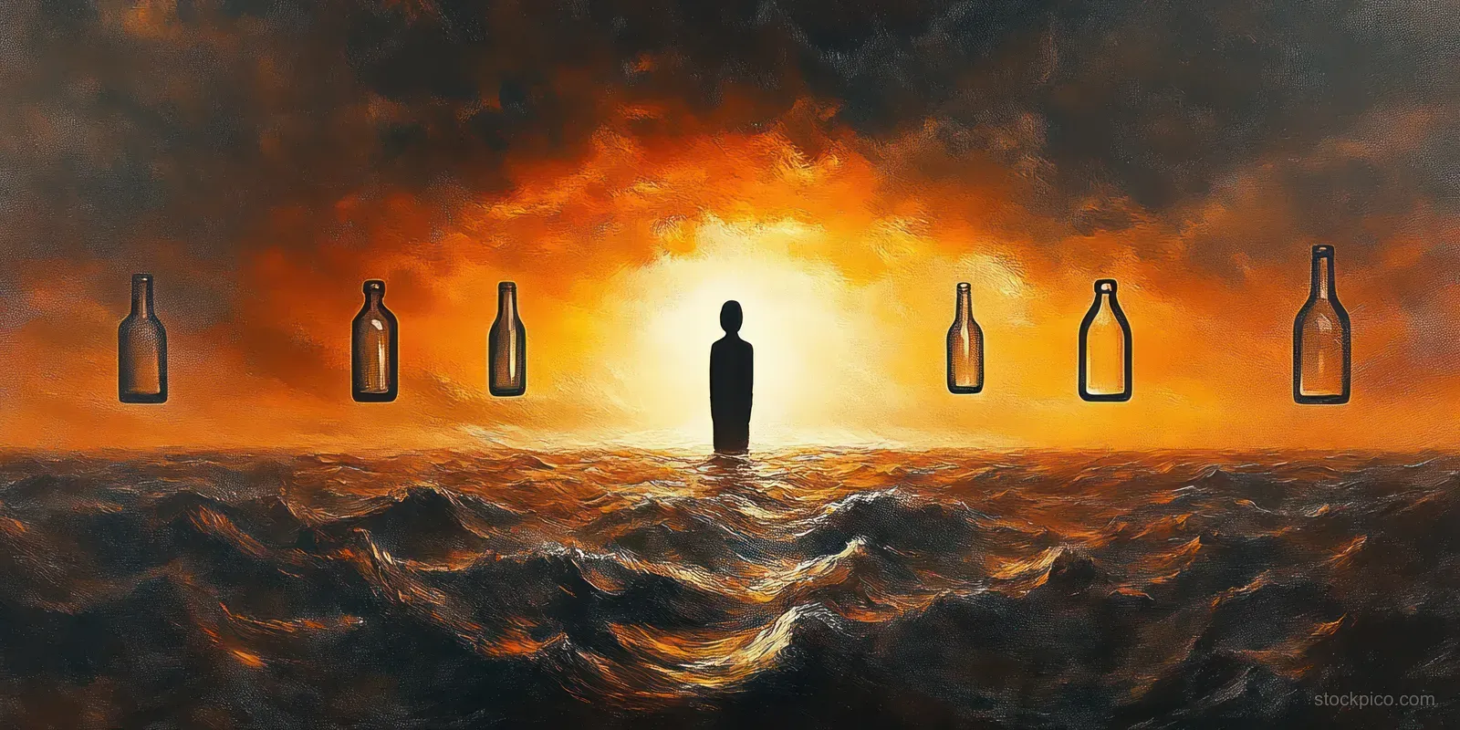 A lone silhouette stands in rough ocean waves at sunset with empty bottles floating around under a fiery sky.