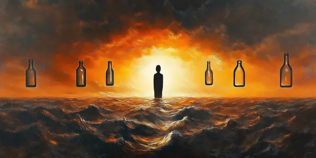 A lone silhouette stands in rough ocean waves at sunset with empty bottles floating around under a fiery sky.