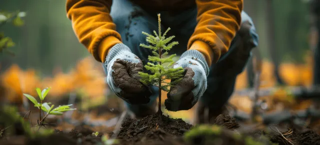 Gloved hands plant a young spruce sapling into forest soil with blurred trees in the background.
