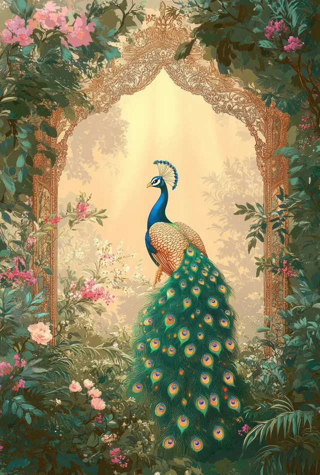 A peacock under an ornate arch surrounded by greenery, flowers, and pastel light.