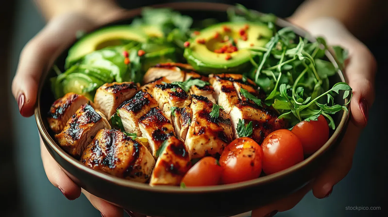 Hands hold a bowl of grilled chicken, avocado, cherry tomatoes, and fresh greens in close-up.