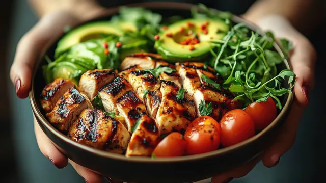 Hands hold a bowl of grilled chicken, avocado, cherry tomatoes, and fresh greens in close-up.