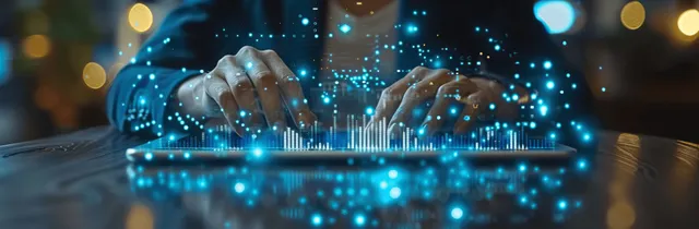 Businessman tapping a tablet dashboard showing rising economic chart and data overlays