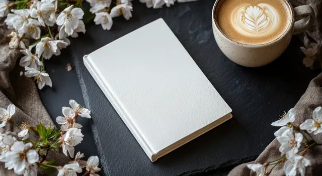 Blank white notebook surrounded by white cherry blossoms and latte cup on dark slate
